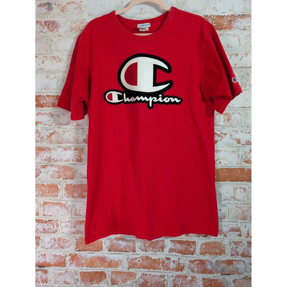 Champion T-Shirt Women Large Red Big C Logo Chenille Patch Short Sleeve Tee